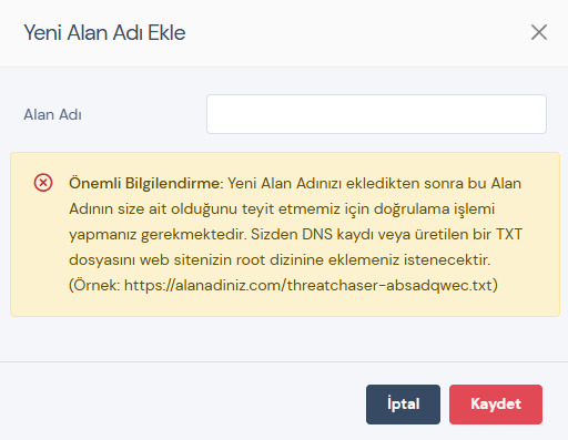 Alan Adı Ekleme Ekranı