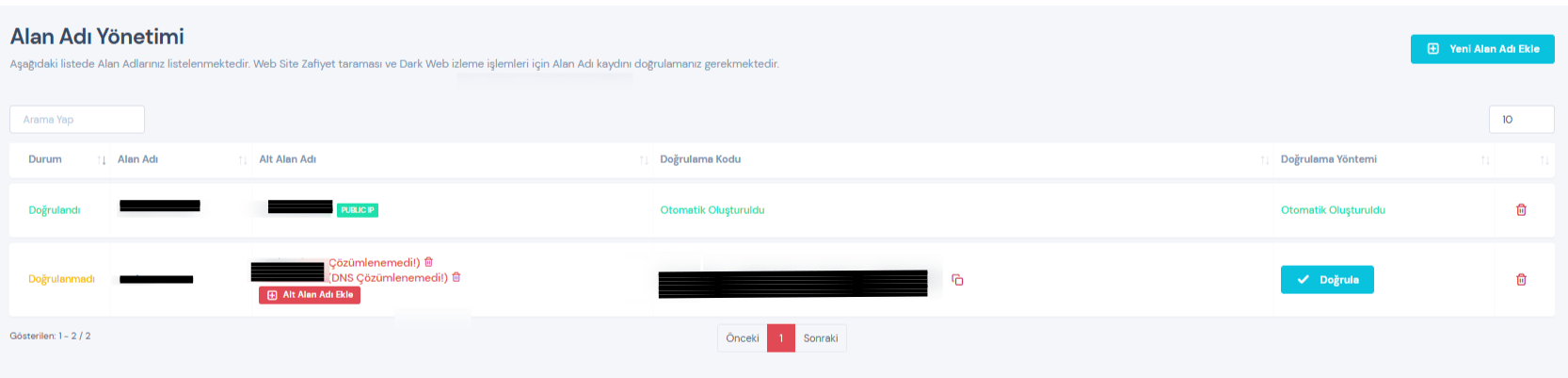 Alan Adı Doğrulama Ekranı