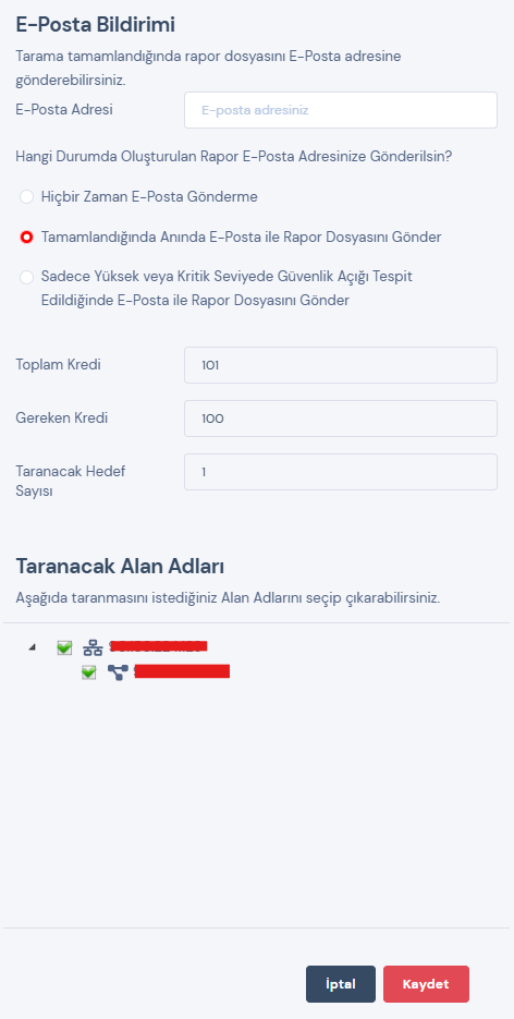 Web Taraması Başlatma Ekranı